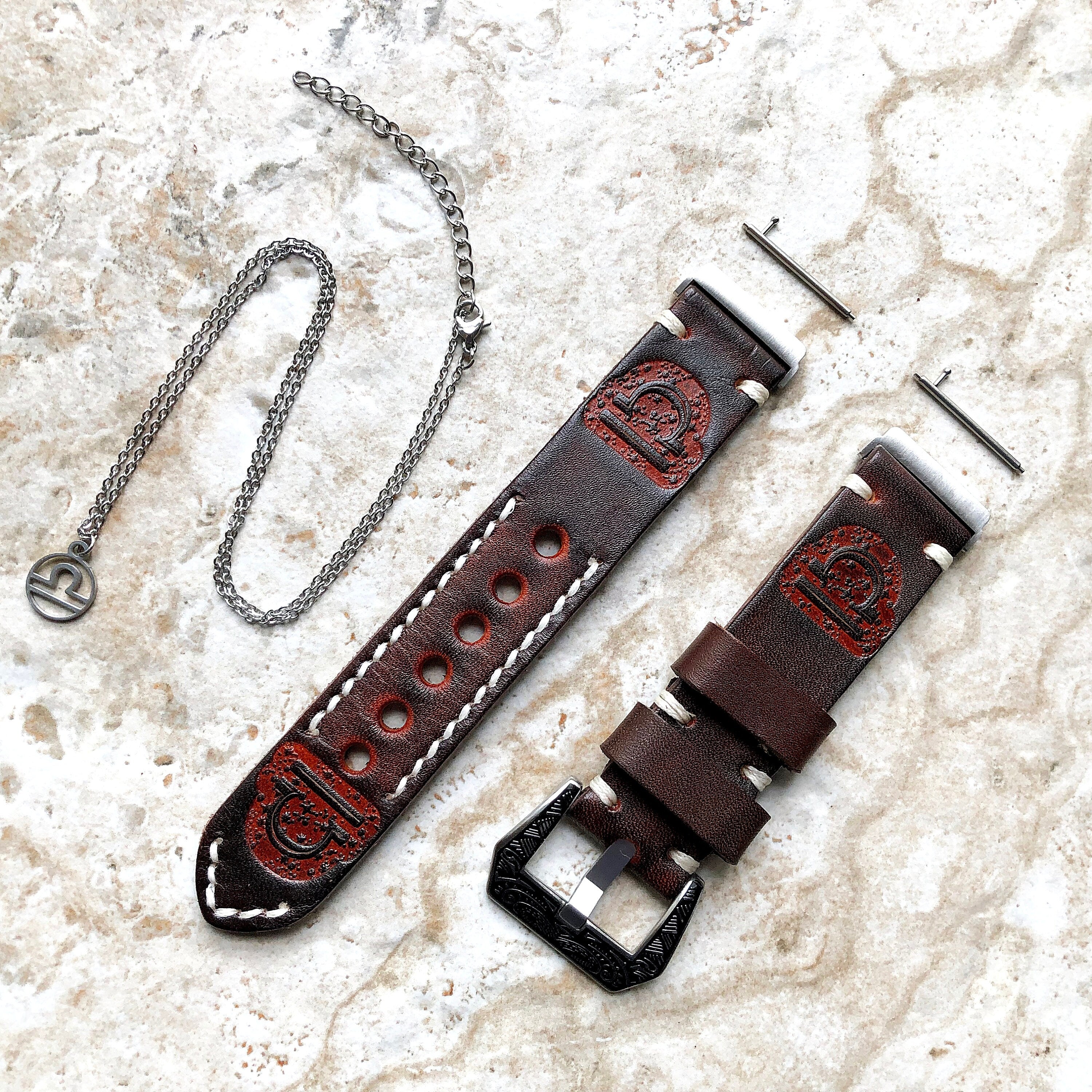 Fitbit Versa 2 3 4 Sense 2 Libra Zodiac Set Band Strap Brown Tooled Embossed Leather in Silver Rose Gold Black and 25" Pendants Necklace